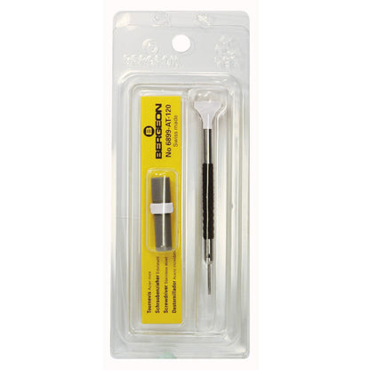 Bergeon 6899-AT-060 ergonomic 0.6mm screwdrivers for precise watch repair with spare blades included.
