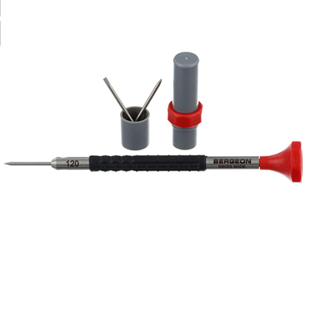 Bergeon 6899-AT-120 ergonomic 1.20mm screwdrivers with spare blades for precise watch repair tasks.