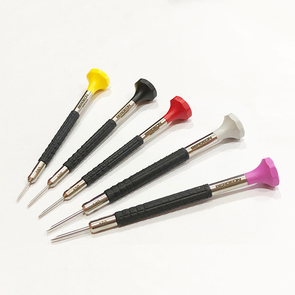 Bergeon 6899-P05 ergonomic screwdrivers set for precise watch repair and accessory adjustments.