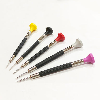 Bergeon 6899-P05 ergonomic screwdrivers set for precise watch repair and accessory adjustments.