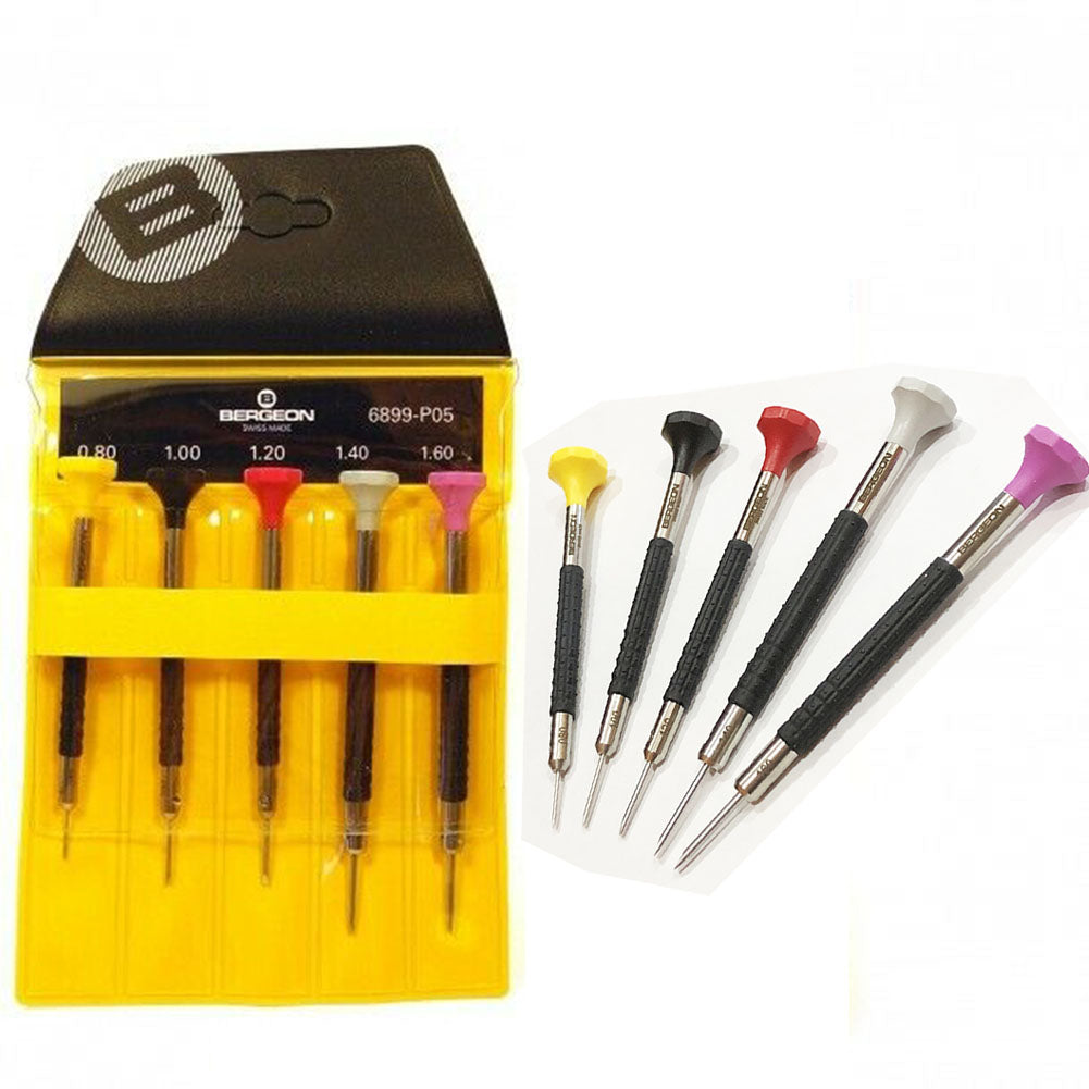 Bergeon 6899-P05 ergonomic screwdrivers set for precise watch repair and accessory adjustments.
