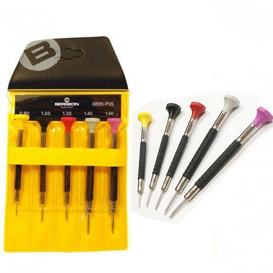 Bergeon 6899-P05 ergonomic screwdrivers set for precise watch repair and accessory adjustments.