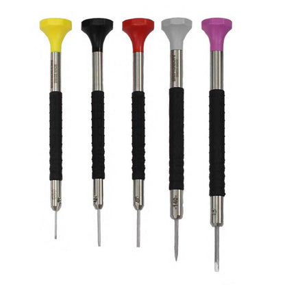 Bergeon 6899-P05 ergonomic screwdrivers set for precise watch repair and accessory adjustments.