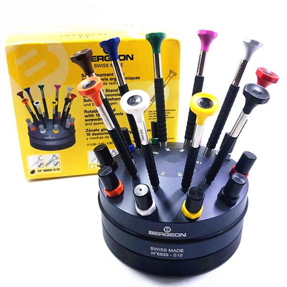 Bergeon 6899-S10 stainless steel screwdrivers set with elastomer handles for precise watch accessory repairs