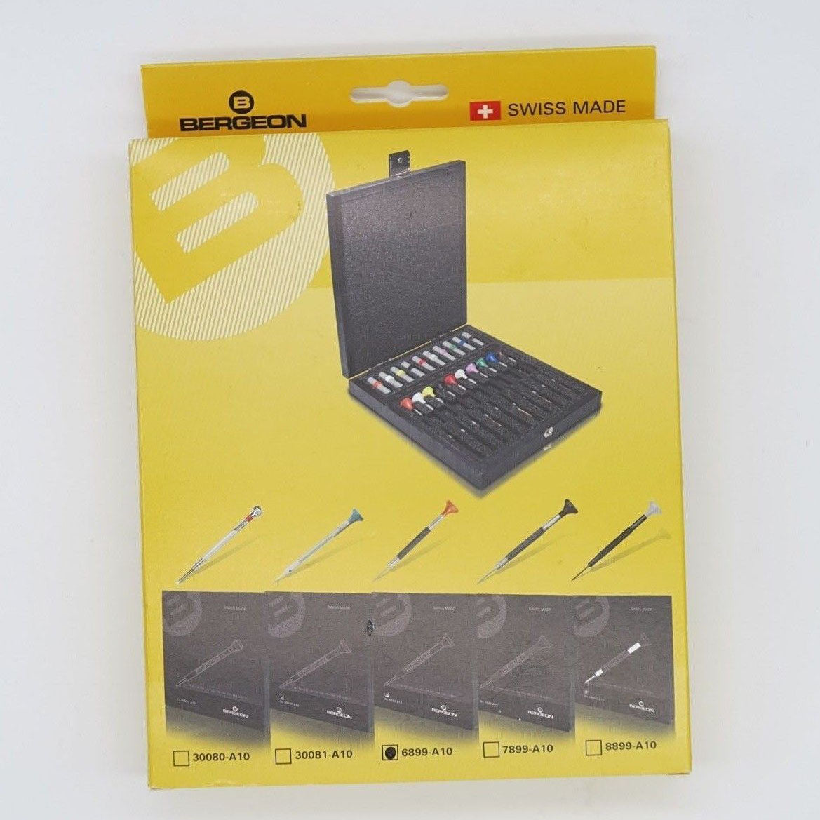 Bergeon 6899 A10 ergonomic steel screwdrivers set with elastomer grips for precise watch accessory repairs.