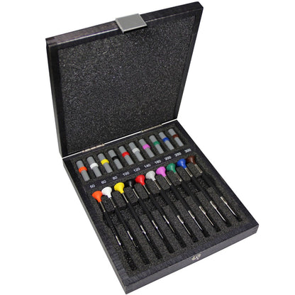 Bergeon 6899 A10 ergonomic steel screwdrivers set with elastomer grips for precise watch accessory repairs.