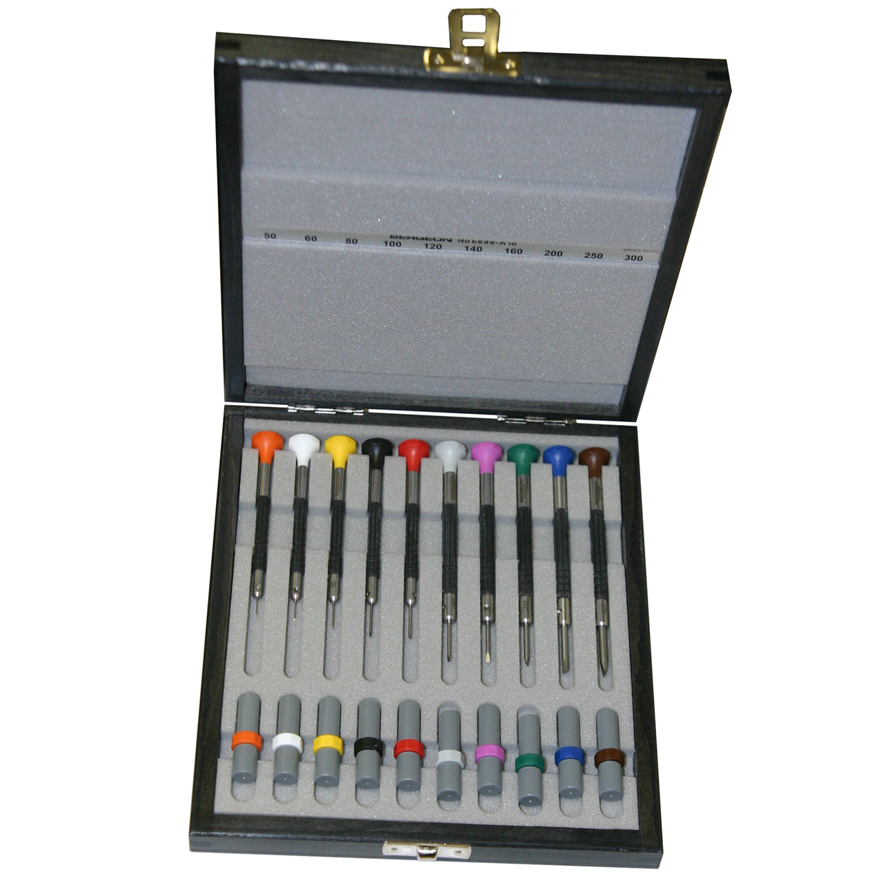 Bergeon 6899 A10 ergonomic steel screwdrivers with elastomer grips for precise watch accessory repairs.