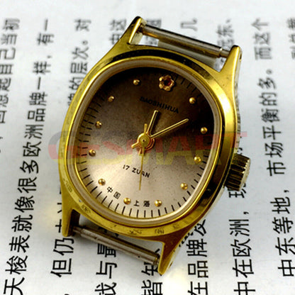 Shanghai brand 23mm manual mechanical lady watch featuring golden nail markers and gradient brown dial for elegant style.