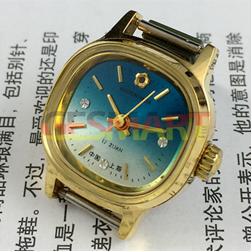 Elegant manual mechanical lady watch with golden square case and gradient blue dial.