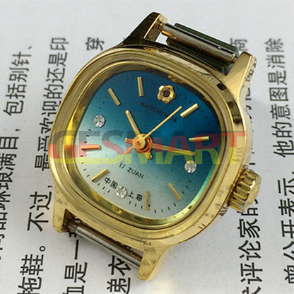 Elegant manual mechanical lady watch with golden square case and gradient blue dial.