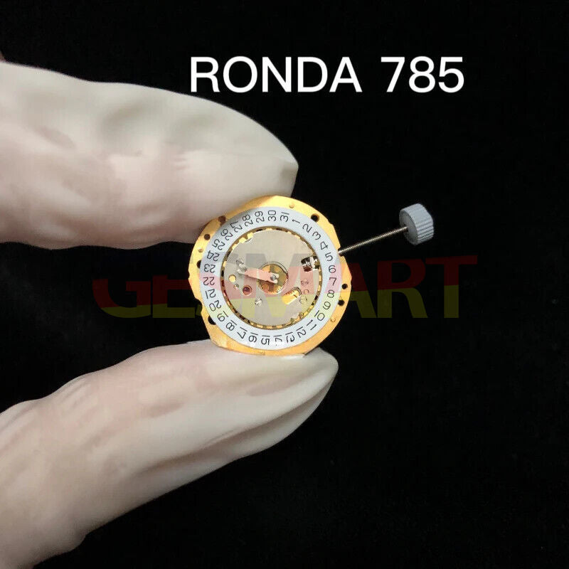 Original Swiss RONDA 785 golden silver quartz calendar movement for precise watch accessory maintenance.