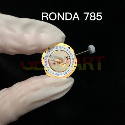 Original Swiss RONDA 785 golden silver quartz calendar movement for precise watch accessory maintenance.