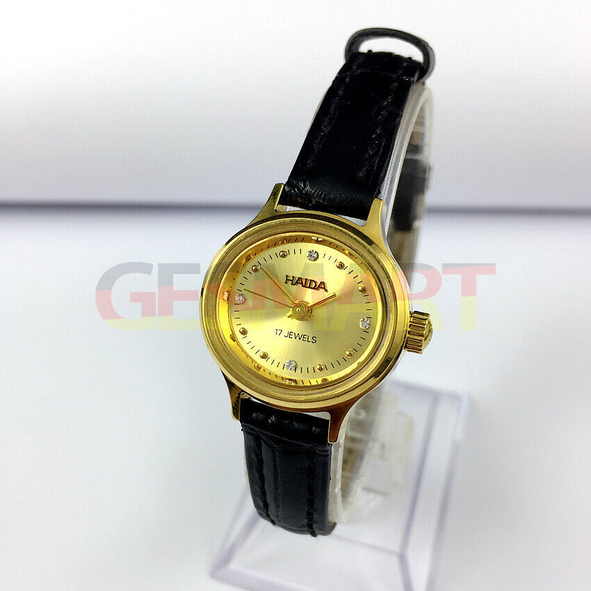 24mm HAIDA mechanical lady watch with gold oval case and imitation diamond accents, elegant timepiece for women.
