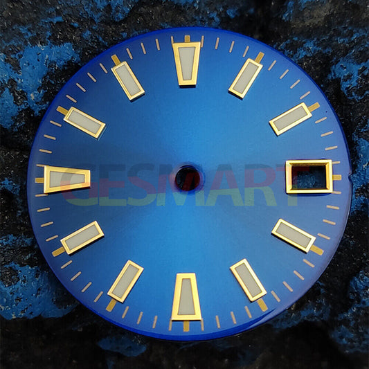 Green luminous watch dial with blue and gold nail trim, compatible with NH35 movement.