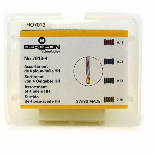 Bergeon 7013-4 precision metal dip oilers set for ergonomic watch oil and grease application in watch repair.