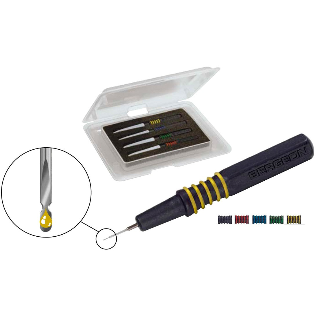 Bergeon 7013-4 precision metal dip oilers set for accurate watch oil and grease application in fine watchmaking.