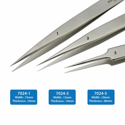 Bergeon 7024 precision non-magnetic tweezers set for delicate watch accessory handling and repair tasks.
