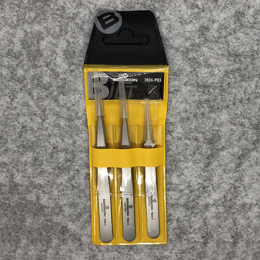 Bergeon 7024 set of 3 precision non-magnetic tweezers for watch repair and assembly.