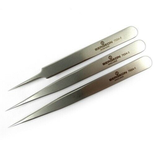 Bergeon 7024 set of 3 precision non-magnetic tweezers for watch repair and assembly.