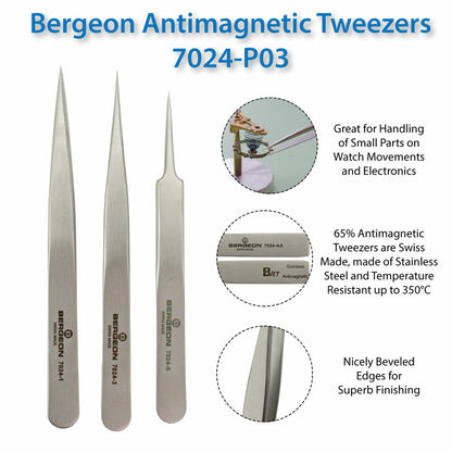 Bergeon 7024 precision non-magnetic tweezers set for delicate watch accessory handling and repair.