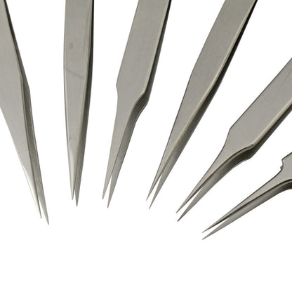 Bergeon 7024 set of 6 precision anti-magnetic tweezers for delicate watch repair tasks.