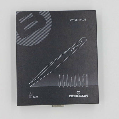 Bergeon 7028 Ni-Cr-Mo superalloy tweezers set, ideal for precise watch accessory handling and assembly.