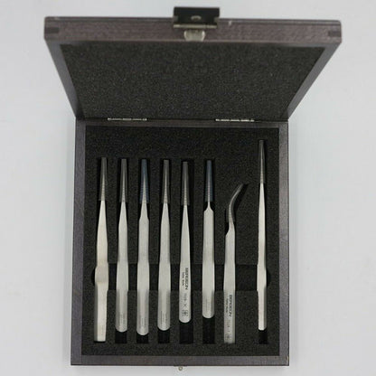 Bergeon 7028 set of 8 Ni-Cr-Mo superalloy tweezers for precise watch repair and assembly tasks.