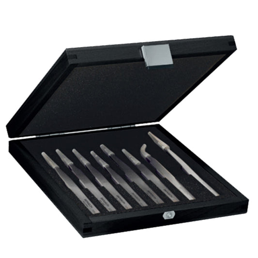 Bergeon 7028 set of 8 Ni-Cr-Mo superalloy tweezers for precise watch accessory handling.