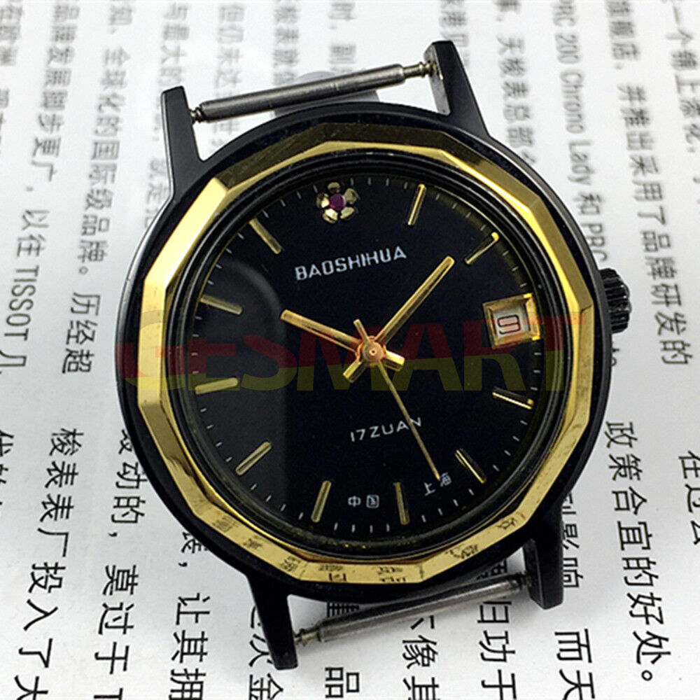 37mm Shanghai manual mechanical watch with single calendar, dodecagonal black case, stylish and precise.