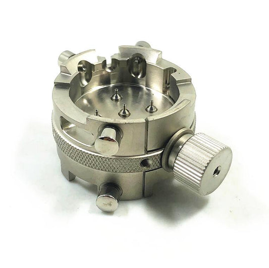 All stainless steel ETA 7750 watch movement holder for secure repair, compatible with standard models.