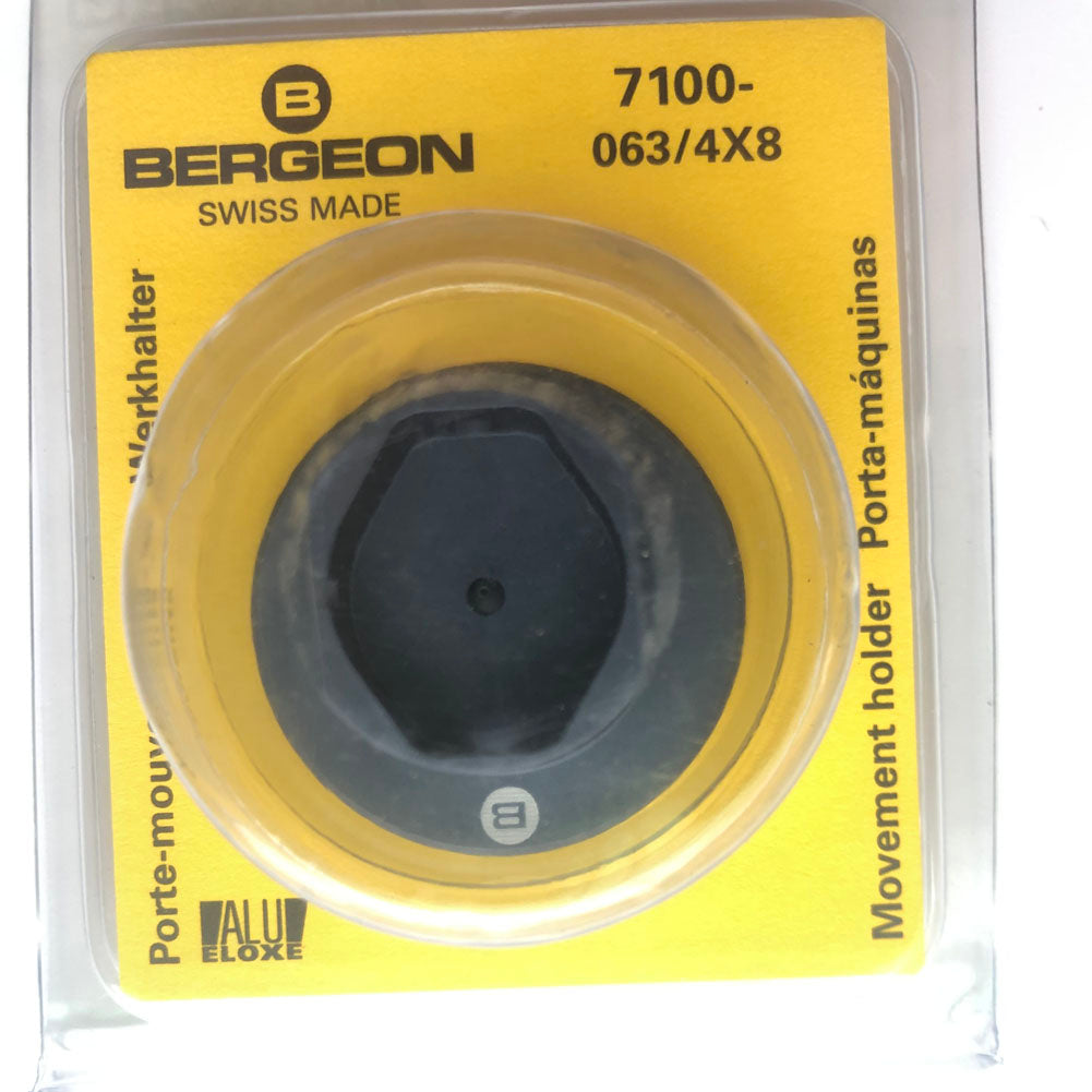 Bergeon 7100-063 watch movement holder for secure repair and assembly of various watch sizes.