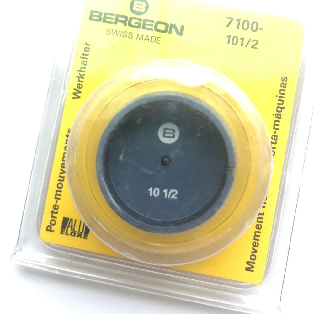 Bergeon 7100-10 watch movement holder for secure repair and assembly of standard watch movements.