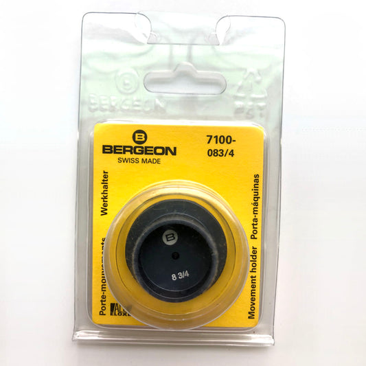 Bergeon 7100-08 watch movement holder securing standard watch parts during repair.