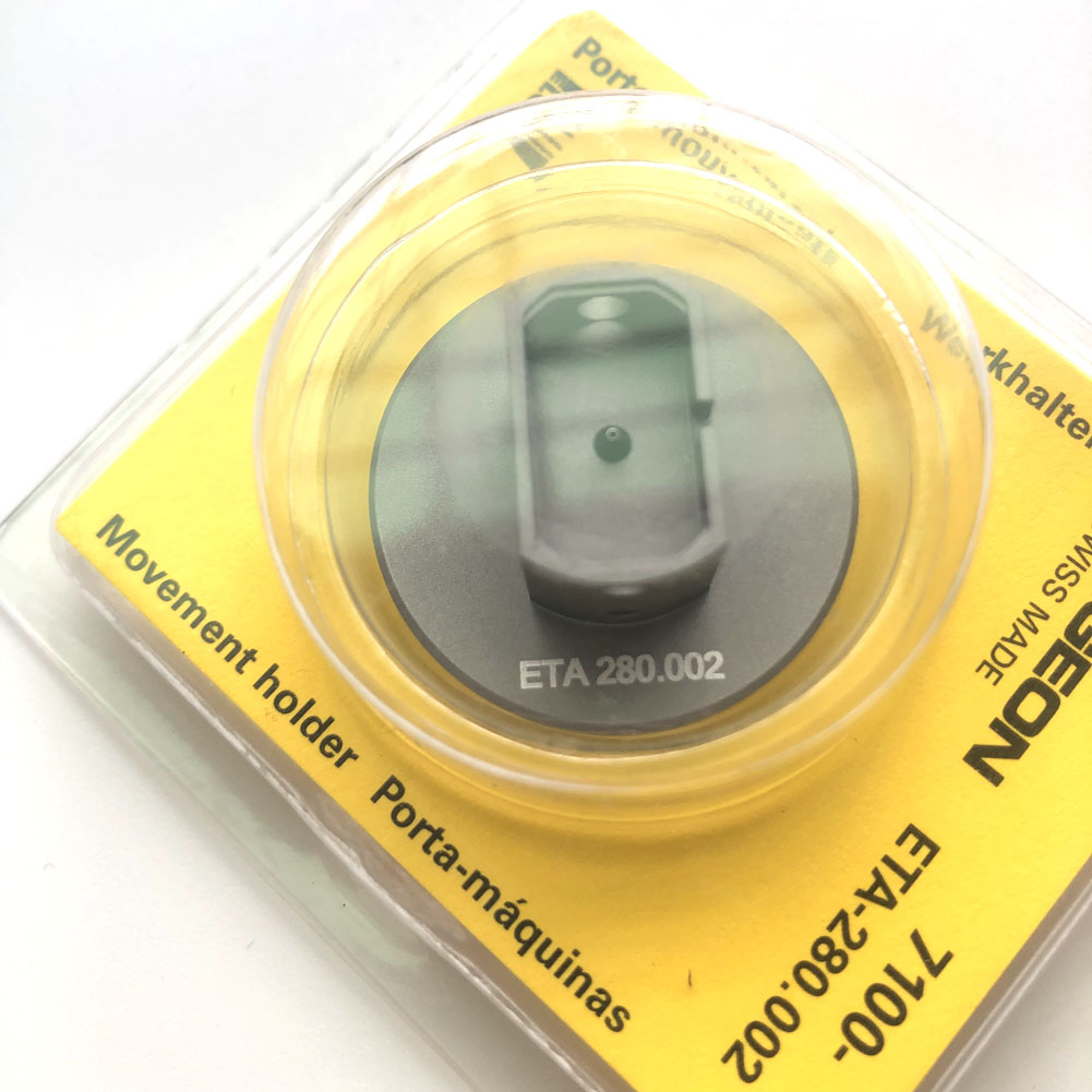 Bergeon 7100 watch movement holder securing ETA 280.002 for precise repair and maintenance.