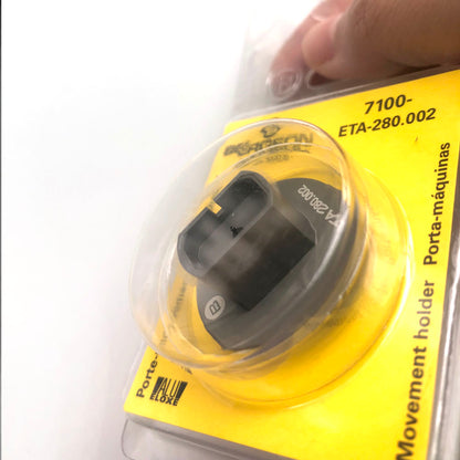 Bergeon 7100 watch movement holder securing ETA 280.002 for precise repair work and adjustments.