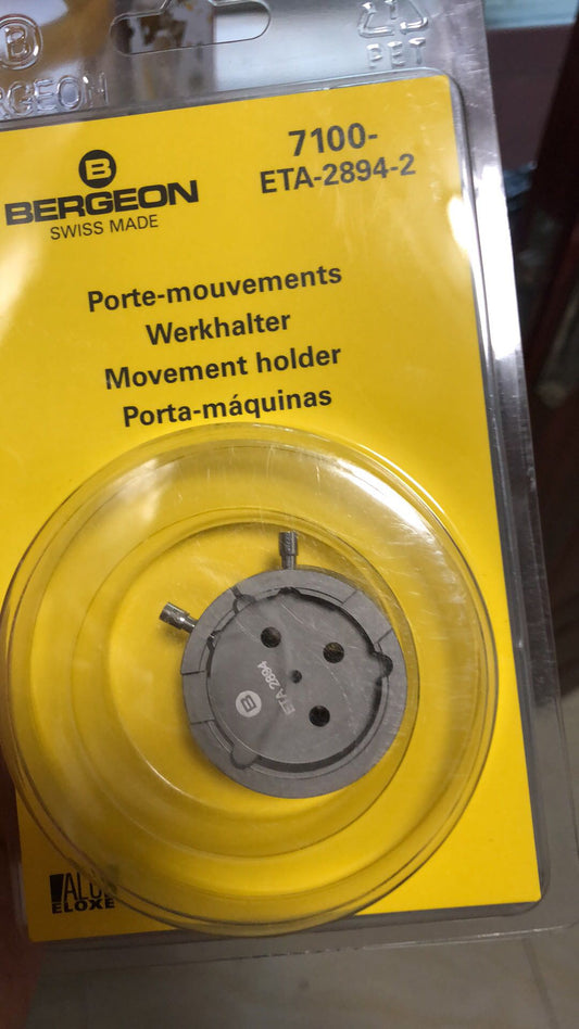 Bergeon 7100 watch movement holder securely fits ETA 2894-2 for precise watch repair and assembly.