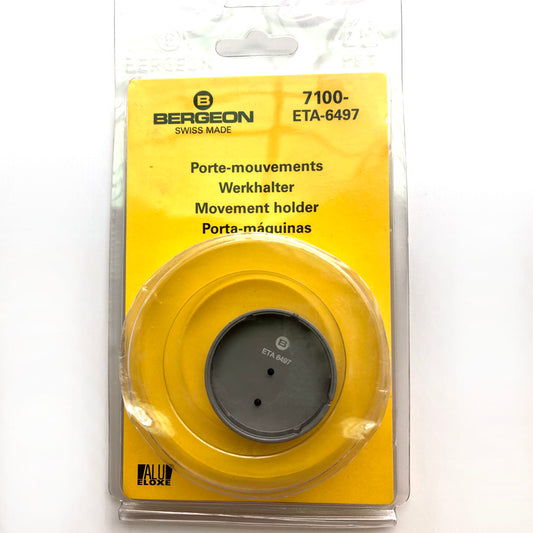 Bergeon 7100 watch movement holder securely fits ETA 6497 for precise watch repair and assembly.