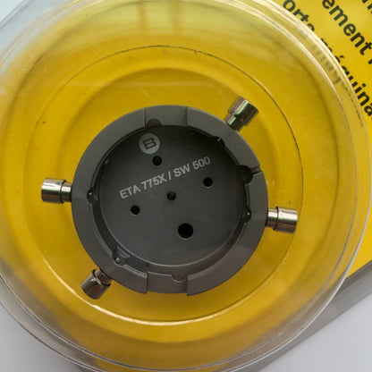 Bergeon 7100 watch movement holder securing ETA 775X Valjoux, durable tool for precise watch repair tasks.