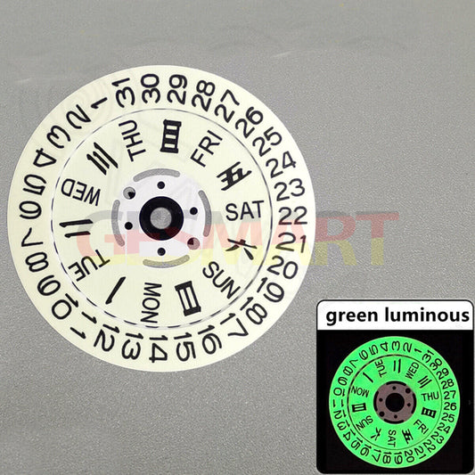 Blue/green lume date and week wheels for NH36 movement, white disk, precise fit and visibility.