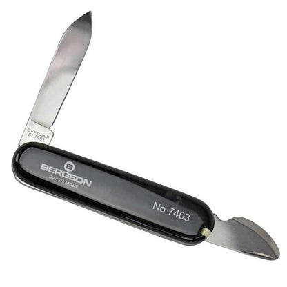 Bergeon 7403 Victorinox ergonomic watch case back opener knife tool for precise watch repair tasks.