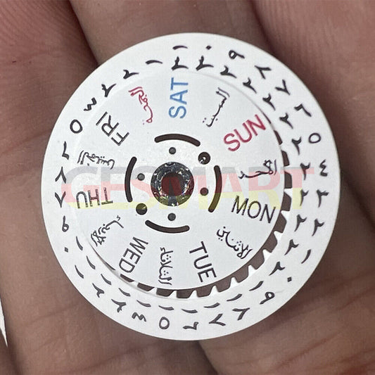White date and week disk wheels in Arabic/English font for NH36 movement watch accessories.