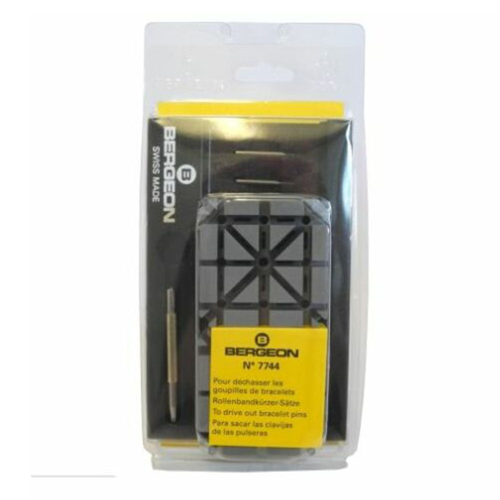 Bergeon 7744 tool for precise watch bracelet pin removal, perfect for professional watch repair and adjustment.