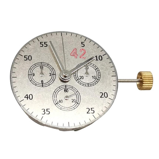 Close-up of Asian 7750 automatic chronograph movement showing detailed ETA 7753 configuration at 3, 6, and 9 o'clock positions.