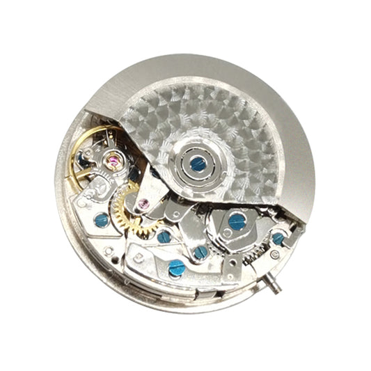 Close-up of Asian 7750 automatic chronograph movement showing detailed ETA 7753 configuration at 3, 6, and 9 o'clock positions.