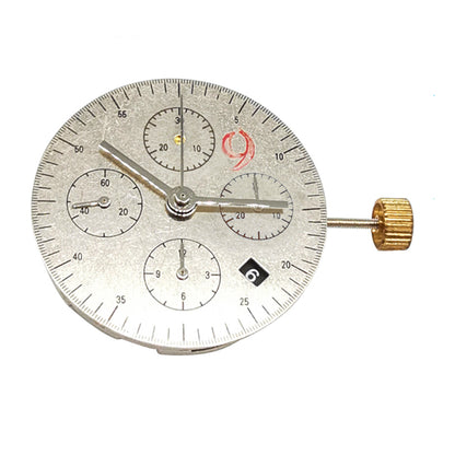 Asian 7750 chronograph watch movement with black dial, single calendar at 4.5, and second subdial at 9, ETA 7750 model.