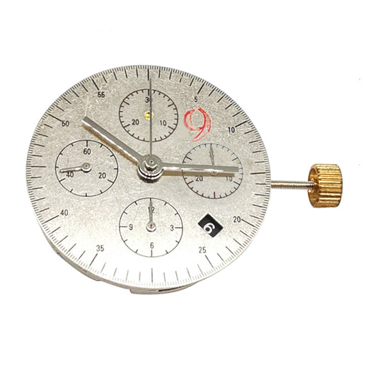 Asian 7750 chronograph watch movement with black dial, single calendar at 4.5, and second subdial at 9, ETA 7750 model.