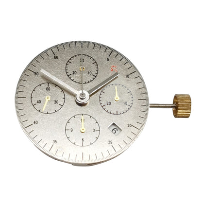 Asian 7750 chronograph watch movement with white dial, single calendar at 3, and second hand at 9 by ETA.
