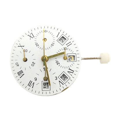 Asian 7750 Automatic Chronograph movement with white calendar at 4:30 and seconds subdial at 9, precision watch part.