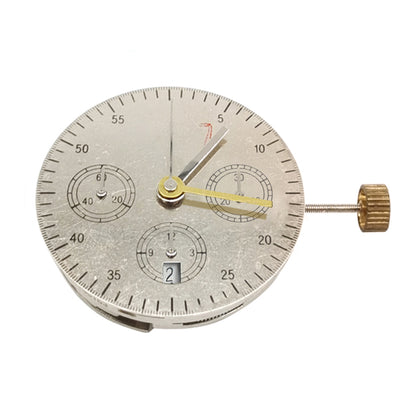 China Made 7750 chronograph watch movement showing white dial with single calendar at 6 o'clock and seconds subdial at 9, ETA 7750 inspired.