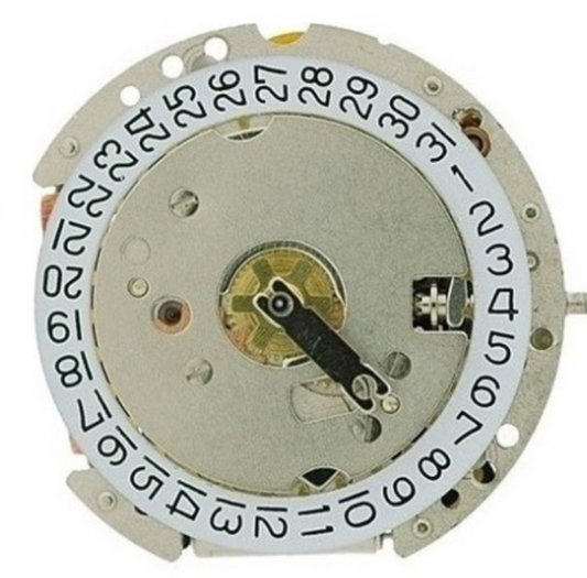 Ronda 775 quartz watch movement with date display at 3 o?clock and 6 o?clock positions.